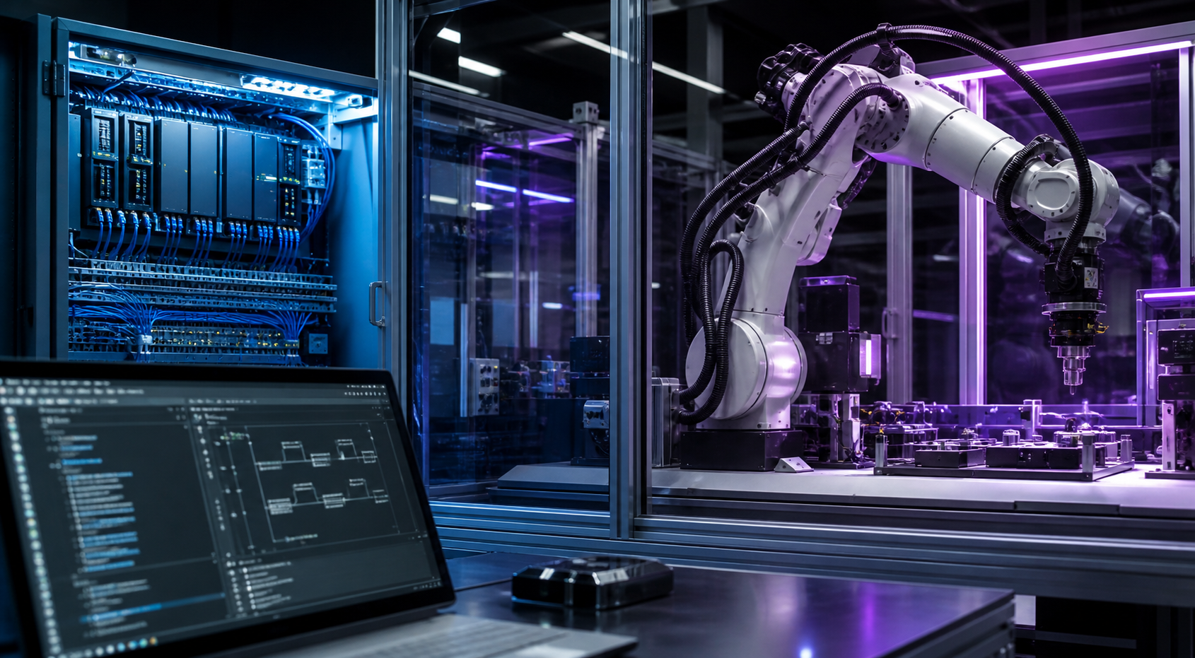 Sistema integrato con programmazione PLC e robot industriale